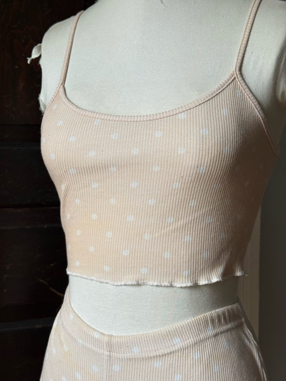 Peach Polka Dot Ribbed Crop Cami and Shorts Set
